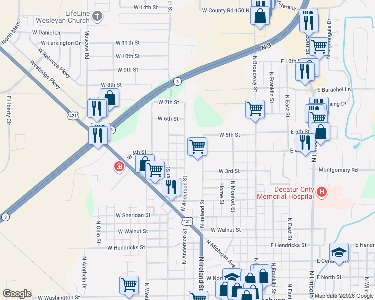 map of restaurants, bars, coffee shops, grocery stores, and more near 1124 North Anderson Street in Greensburg