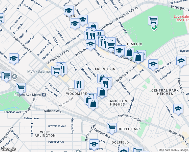 map of restaurants, bars, coffee shops, grocery stores, and more near 3800 Hayward Avenue in Baltimore
