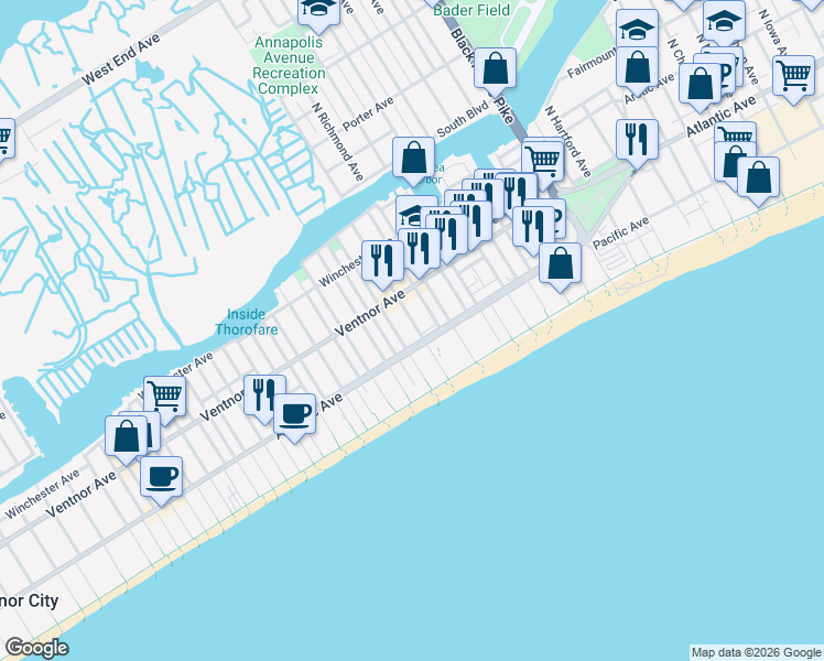 map of restaurants, bars, coffee shops, grocery stores, and more near 35 South Laclede Place in Atlantic City