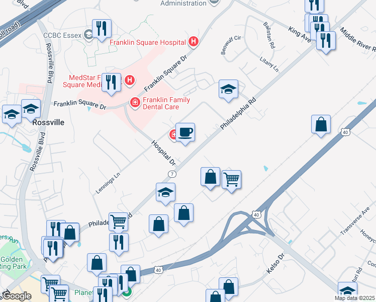 map of restaurants, bars, coffee shops, grocery stores, and more near 9106 Philadelphia Road in Rosedale