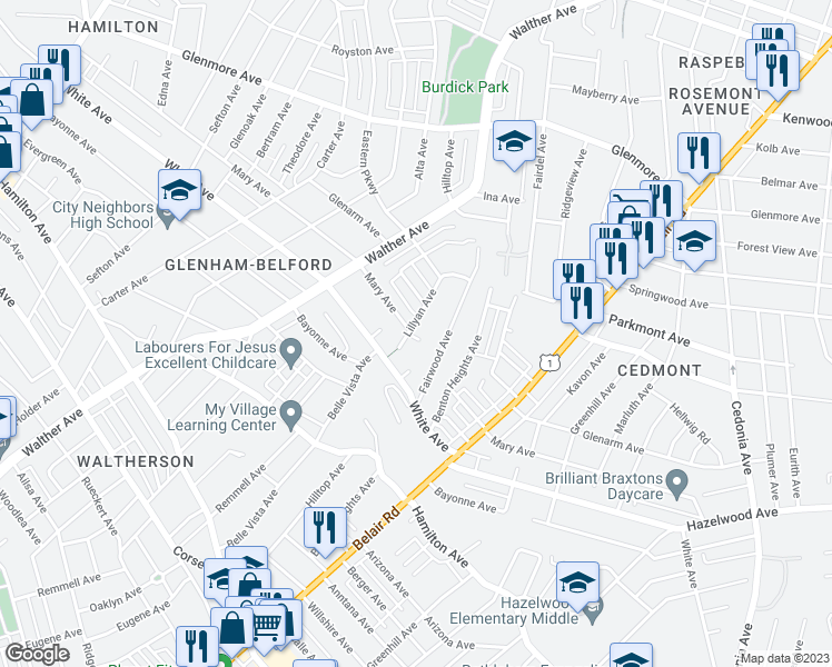 map of restaurants, bars, coffee shops, grocery stores, and more near 5903 Lillyan Avenue in Baltimore