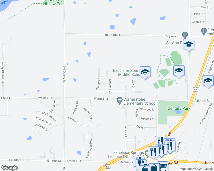 map of restaurants, bars, coffee shops, grocery stores, and more near 2003 Kary Lane in Excelsior Springs
