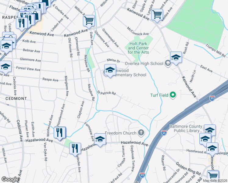 map of restaurants, bars, coffee shops, grocery stores, and more near 407 Saint Patrick Road in Baltimore