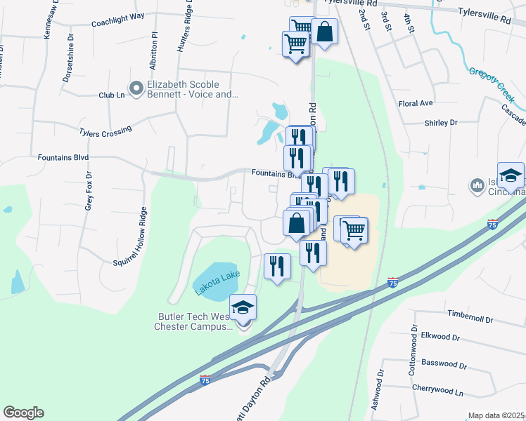 map of restaurants, bars, coffee shops, grocery stores, and more near 8197 Meeting Street in Butler County