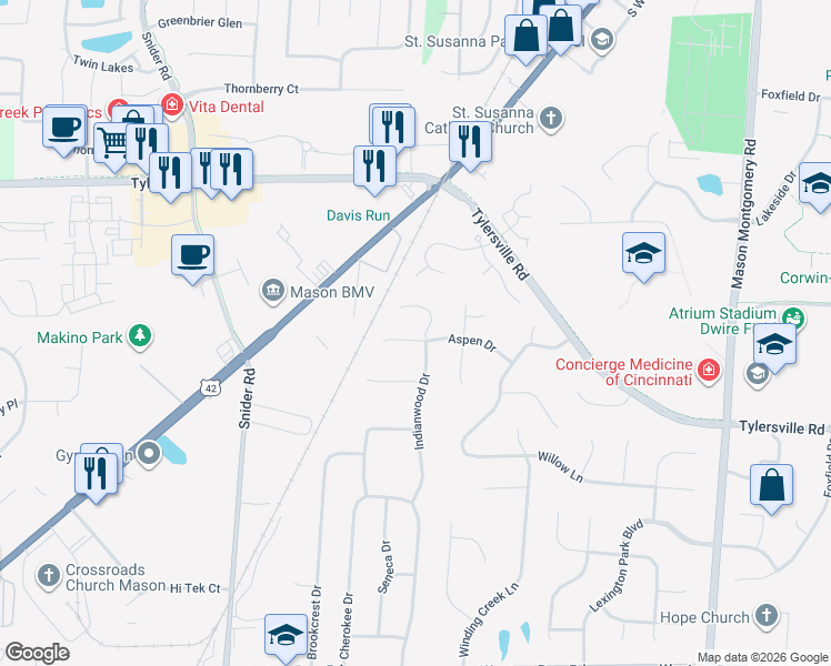 map of restaurants, bars, coffee shops, grocery stores, and more near 5672 Aspen Drive in Mason
