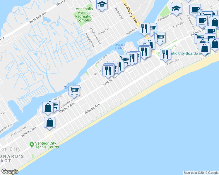 map of restaurants, bars, coffee shops, grocery stores, and more near 7 South Delancy Place in Atlantic City