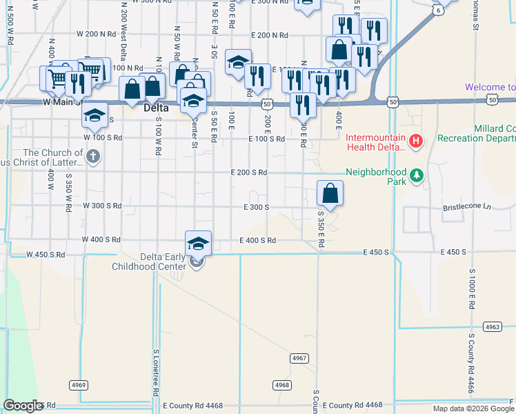 map of restaurants, bars, coffee shops, grocery stores, and more near 176 East 300 South in Delta