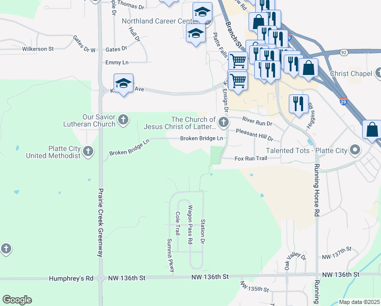 map of restaurants, bars, coffee shops, grocery stores, and more near 127 Broken Bridge Lane in Platte City