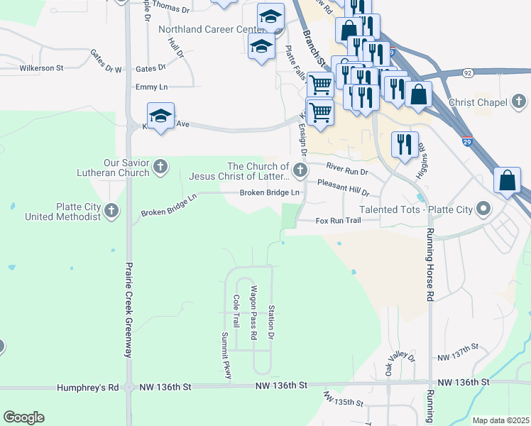 map of restaurants, bars, coffee shops, grocery stores, and more near 127 Broken Bridge Lane in Platte City