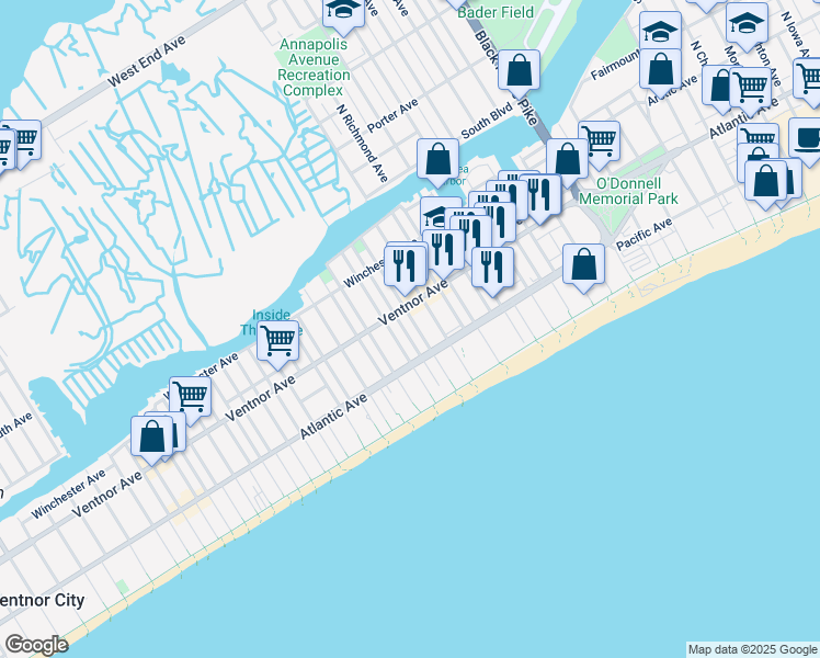 map of restaurants, bars, coffee shops, grocery stores, and more near 24 South Delancy Place in Atlantic City