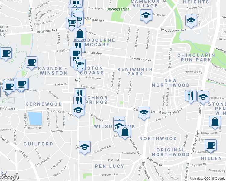 map of restaurants, bars, coffee shops, grocery stores, and more near 802 Radnor Avenue in Baltimore