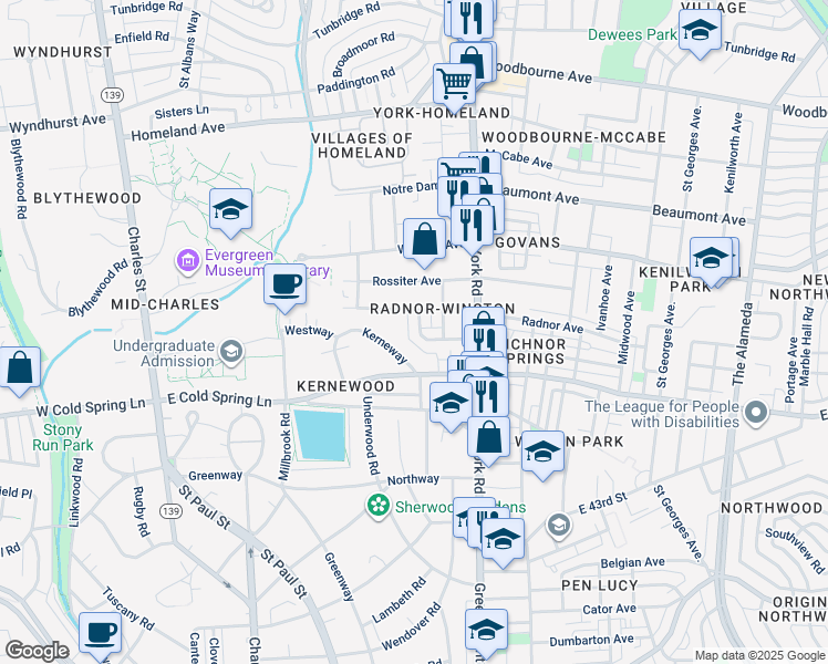 map of restaurants, bars, coffee shops, grocery stores, and more near 303 Charter Oak Avenue in Baltimore