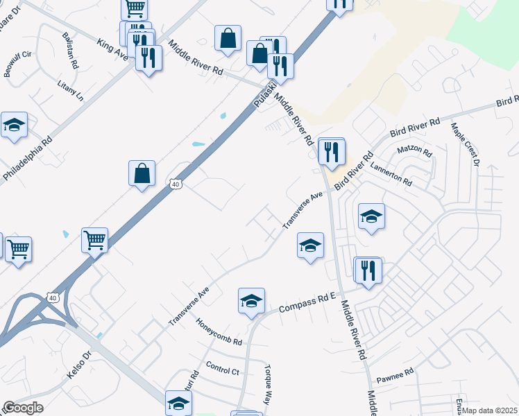 map of restaurants, bars, coffee shops, grocery stores, and more near 9434 Windpine Road in Middle River