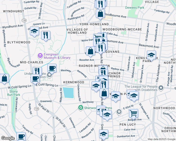 map of restaurants, bars, coffee shops, grocery stores, and more near 303 Charter Oak Avenue in Baltimore