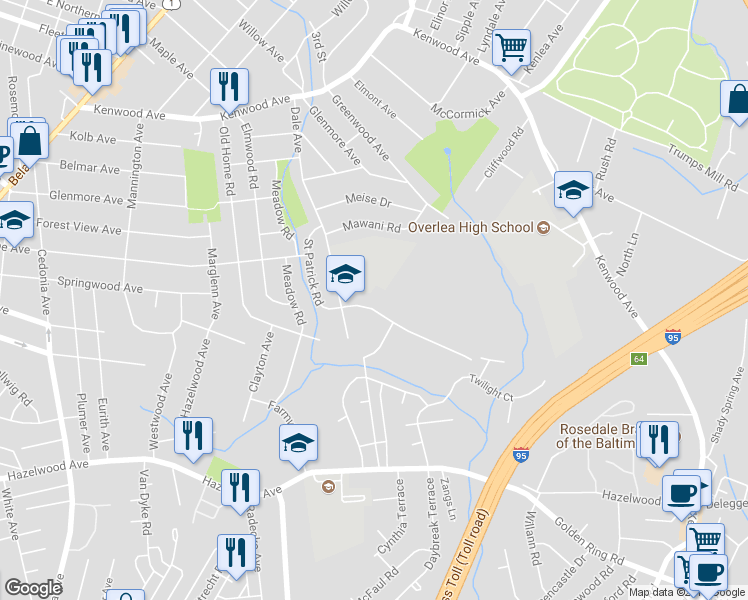 map of restaurants, bars, coffee shops, grocery stores, and more near 407 Saint Patrick Road in Baltimore
