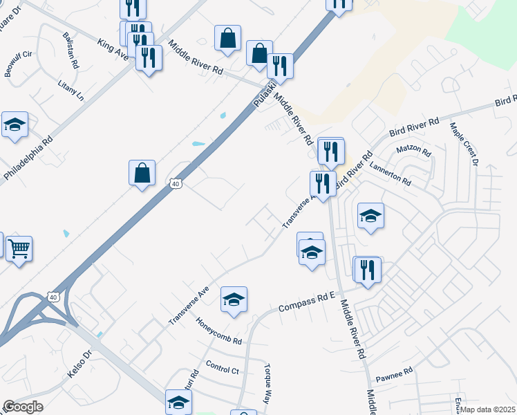 map of restaurants, bars, coffee shops, grocery stores, and more near 9434 Windpine Road in Middle River