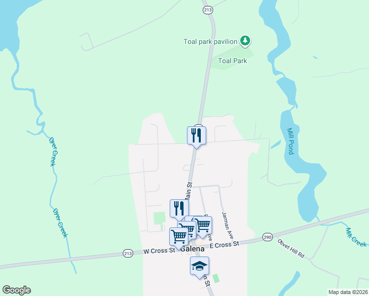 map of restaurants, bars, coffee shops, grocery stores, and more near 105 Dogwood Drive in Galena