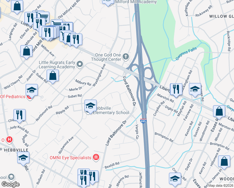 map of restaurants, bars, coffee shops, grocery stores, and more near 3429 Barkley Woods Road in Milford Mill