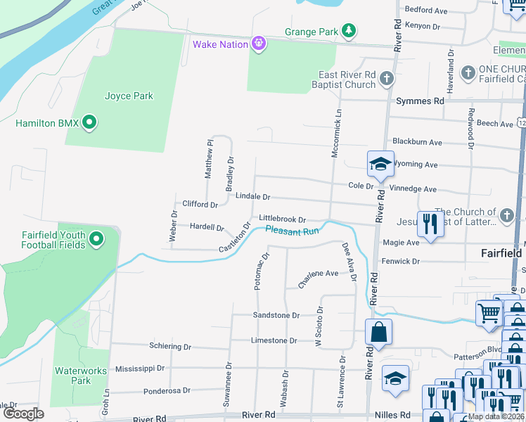 map of restaurants, bars, coffee shops, grocery stores, and more near 77 Lindale Drive in Fairfield