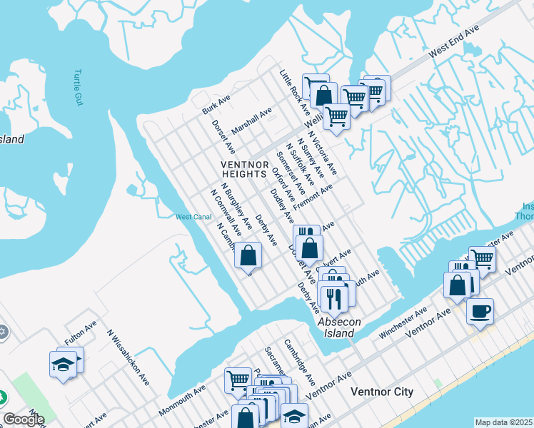 map of restaurants, bars, coffee shops, grocery stores, and more near 506 North Dudley Avenue in Ventnor City