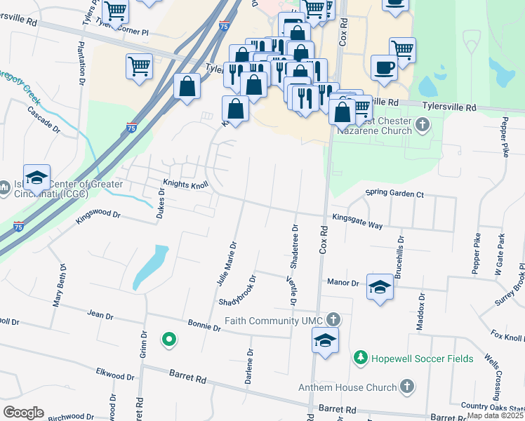 map of restaurants, bars, coffee shops, grocery stores, and more near 7677 Kingsgate Way in Butler County