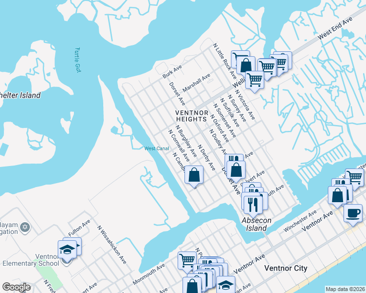 map of restaurants, bars, coffee shops, grocery stores, and more near 602 North Burghley Avenue in Ventnor City