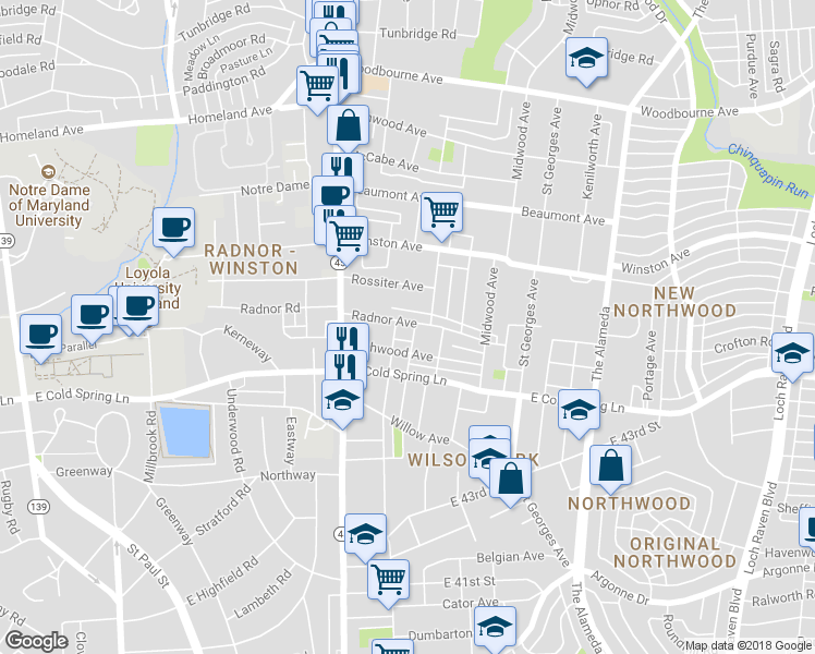map of restaurants, bars, coffee shops, grocery stores, and more near 611 Radnor Avenue in Baltimore