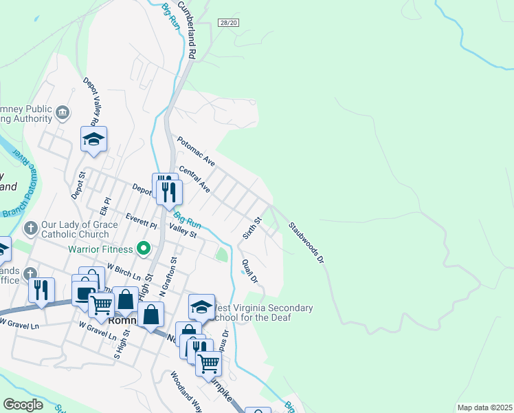 map of restaurants, bars, coffee shops, grocery stores, and more near 658 Fifth Street in Romney