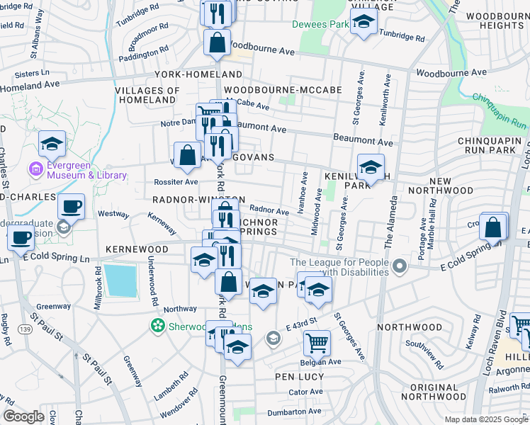 map of restaurants, bars, coffee shops, grocery stores, and more near 611 Radnor Avenue in Baltimore