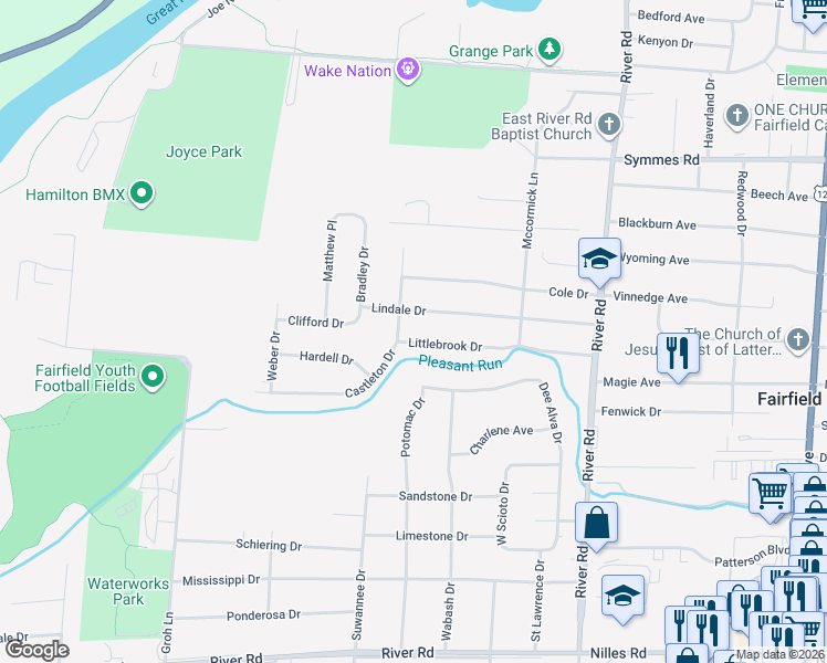 map of restaurants, bars, coffee shops, grocery stores, and more near 77 Lindale Drive in Fairfield