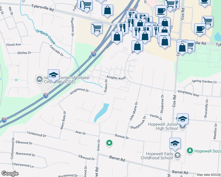 map of restaurants, bars, coffee shops, grocery stores, and more near 7500 Easton Court in Butler County
