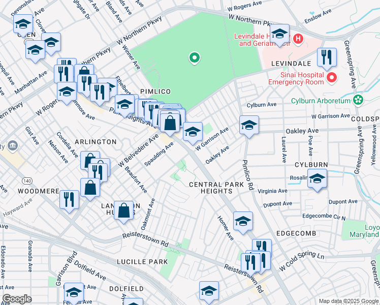 map of restaurants, bars, coffee shops, grocery stores, and more near Park Heights Ave & W Garrison Ave in Baltimore
