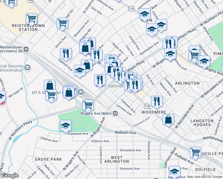 map of restaurants, bars, coffee shops, grocery stores, and more near 5533 Nome Avenue in Baltimore