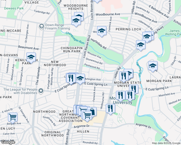 map of restaurants, bars, coffee shops, grocery stores, and more near 1500 Pentridge Road in Baltimore
