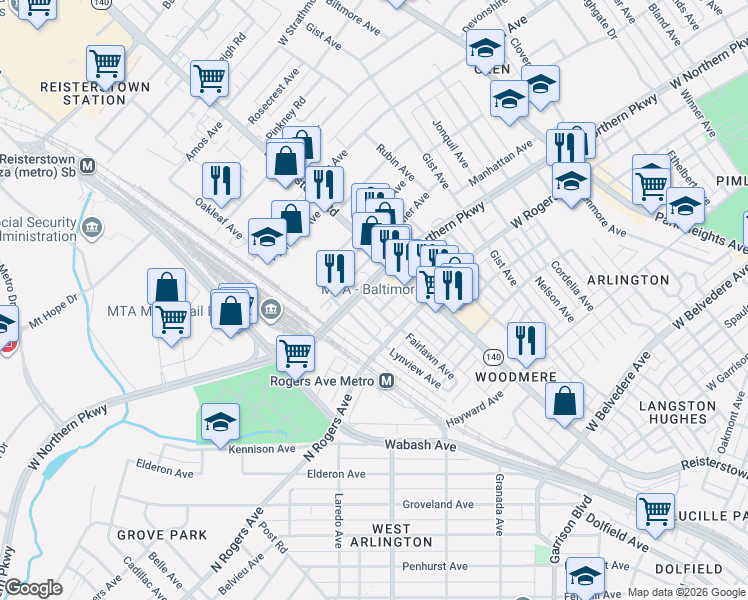 map of restaurants, bars, coffee shops, grocery stores, and more near 5533 Nome Avenue in Baltimore