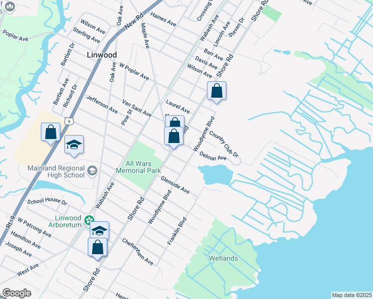 map of restaurants, bars, coffee shops, grocery stores, and more near 1010 Shore Road in Linwood