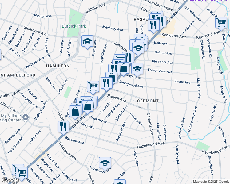 map of restaurants, bars, coffee shops, grocery stores, and more near 4203 Parkmont Avenue in Baltimore