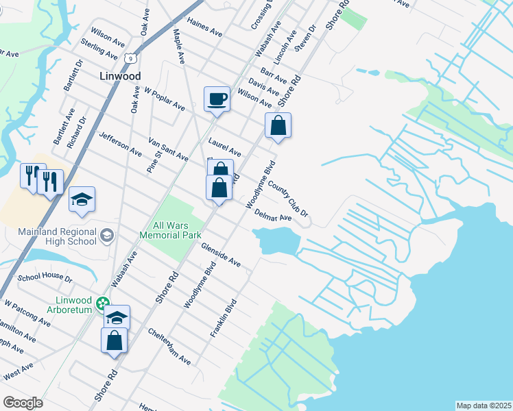 map of restaurants, bars, coffee shops, grocery stores, and more near 1020 Woodlynne Boulevard in Linwood
