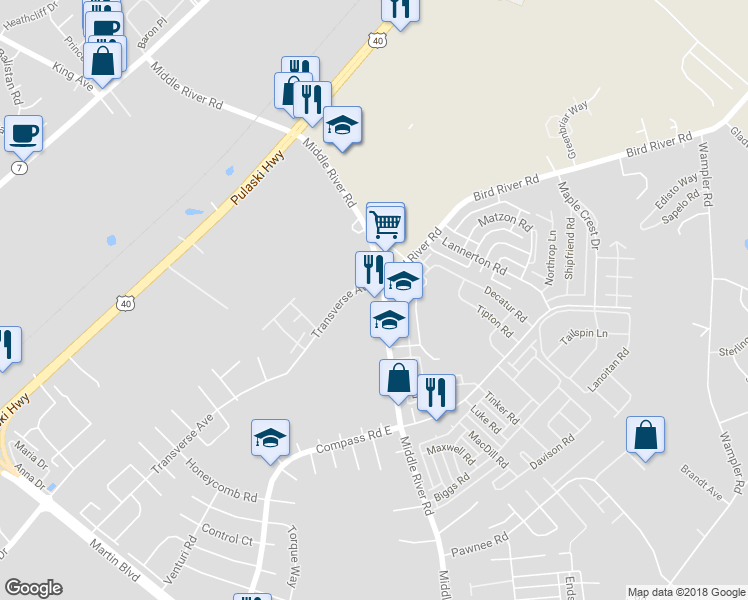 map of restaurants, bars, coffee shops, grocery stores, and more near 850 Middle River Rd in Middle River