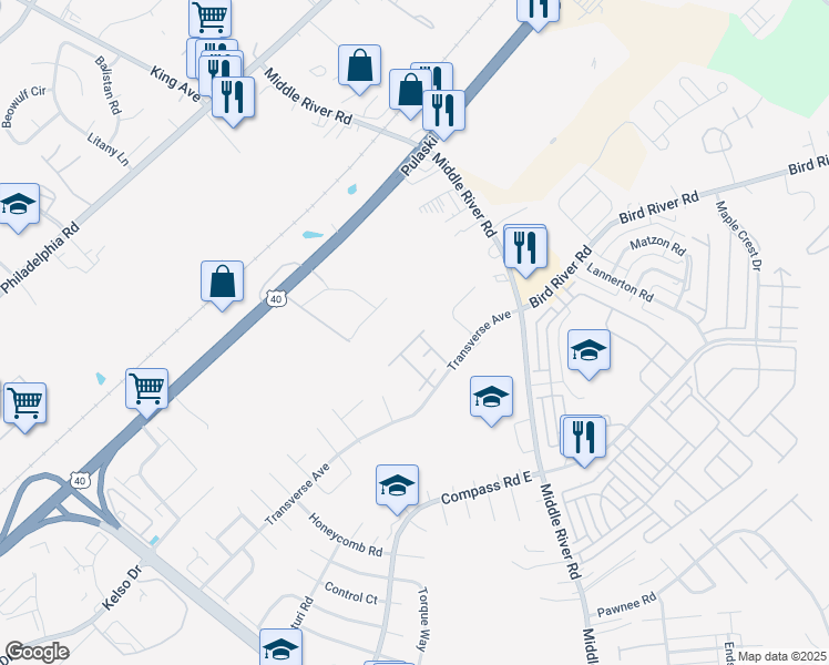 map of restaurants, bars, coffee shops, grocery stores, and more near 9442 Windpine Road in Middle River