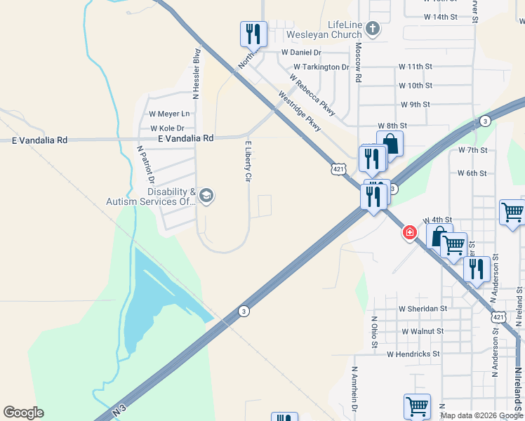 map of restaurants, bars, coffee shops, grocery stores, and more near 1300 North Brantford Drive in Greensburg