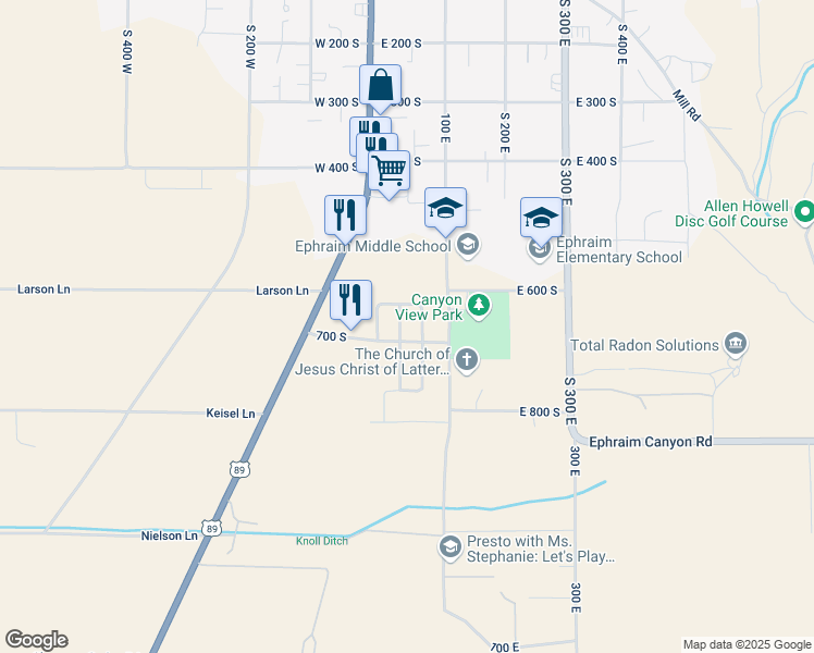 map of restaurants, bars, coffee shops, grocery stores, and more near 675 30 East in Ephraim