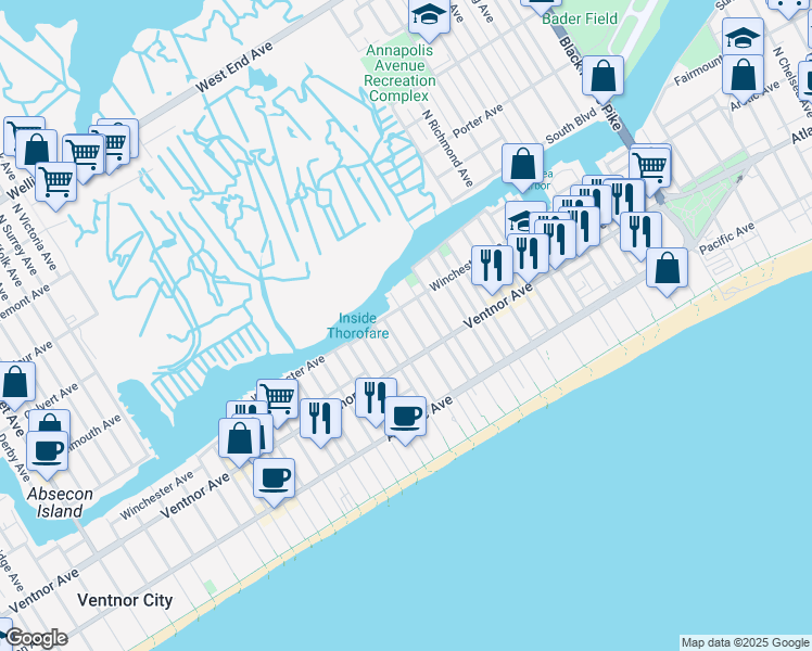 map of restaurants, bars, coffee shops, grocery stores, and more near 46 North Aberdeen Place in Atlantic City