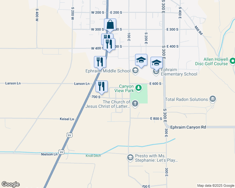 map of restaurants, bars, coffee shops, grocery stores, and more near 675 30 East in Ephraim