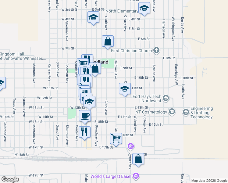 map of restaurants, bars, coffee shops, grocery stores, and more near 400-448 E 11th St in Goodland