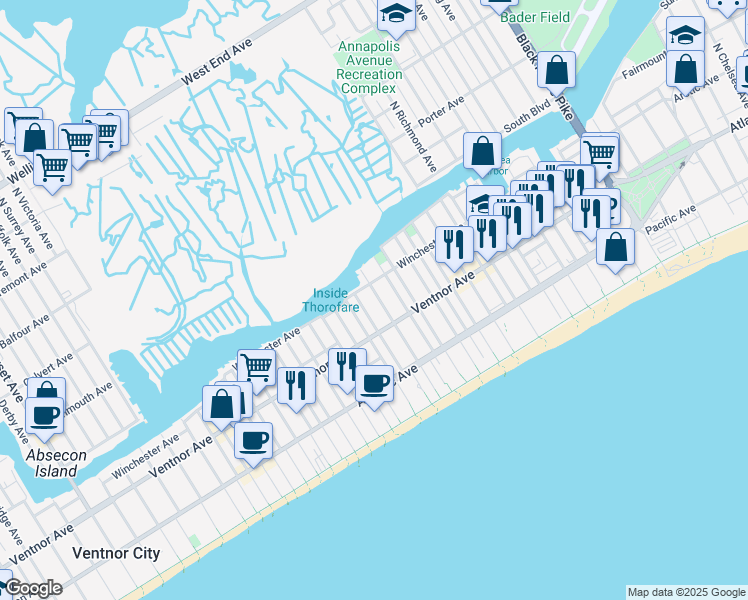 map of restaurants, bars, coffee shops, grocery stores, and more near 46 North Aberdeen Place in Atlantic City