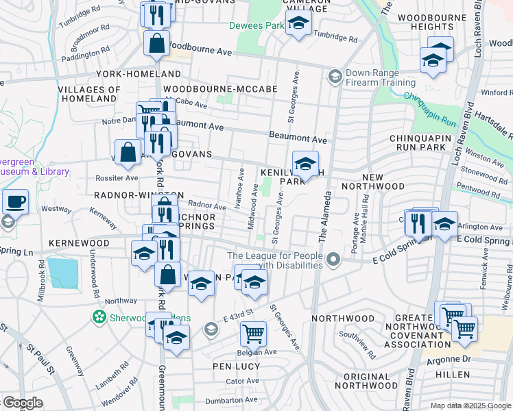 map of restaurants, bars, coffee shops, grocery stores, and more near 4907 Midwood Avenue in Baltimore