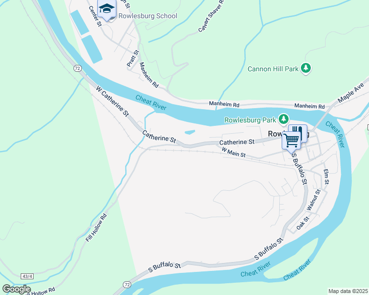 map of restaurants, bars, coffee shops, grocery stores, and more near 79 Catherine Street in Rowlesburg