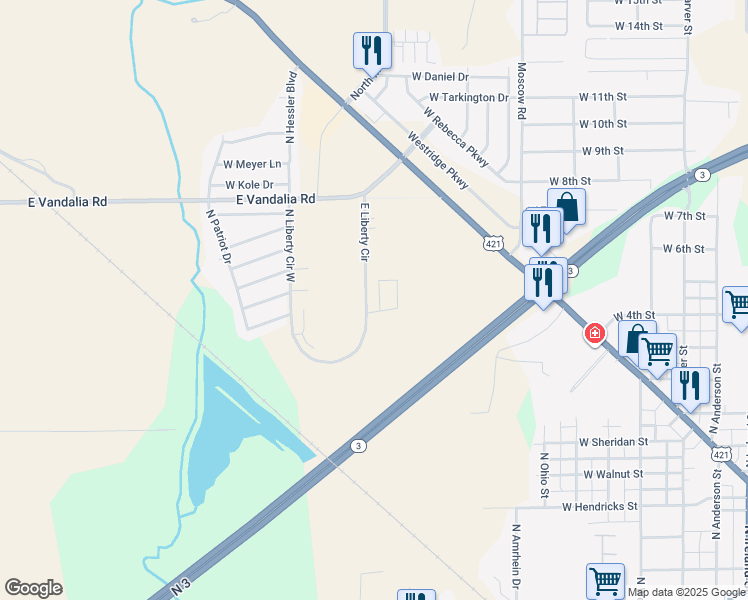 map of restaurants, bars, coffee shops, grocery stores, and more near 1300 North Brantford Drive in Greensburg