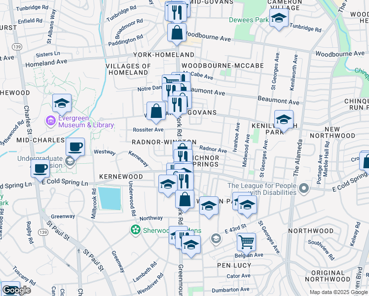 map of restaurants, bars, coffee shops, grocery stores, and more near 503 Radnor Avenue in Baltimore